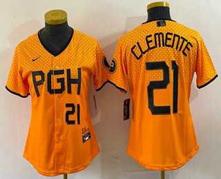 Women%27s Pittsburgh Pirates #21 Roberto Clemente Number Yellow 2023 City Connect Stitched Jersey